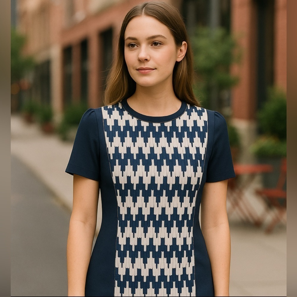 Thml Mixed Media Navy & Cream Panel Blouse NWT